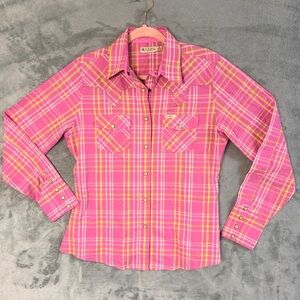 Rockies Western Shirt Med Women’s Pink Plaid Pearl Snap Cowgirl Long Sleeve